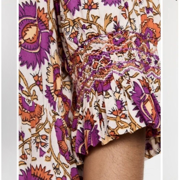 Figue Halima Sz L 100% Cotton Floral Smocked Neckline Tiered Lined Boho Dress - Picture 8 of 16